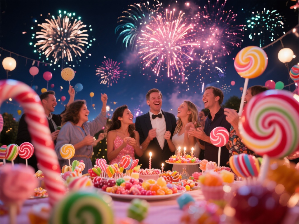 烟花绽放的糖果派对狂欢之夜——甜蜜梦想与璀璨星空的交织